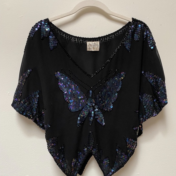 SOLD - Free People black sequin butterfly top - Picture 3 of 7